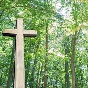 Steinernes Kreuz im sonnigen Wald, Sonnenstrahlen fallen durch grüne Bäume im Friedwald.